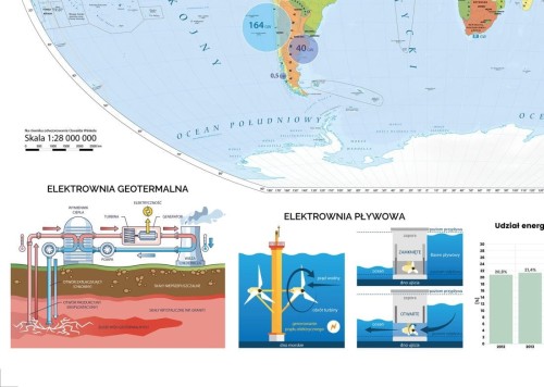 Świat 1:22 000 000. OZE - energie odnawialne na świecie. Mapa ścienna. Drewniane półwałki. Wydawnictwo Meridian. Fragment 1