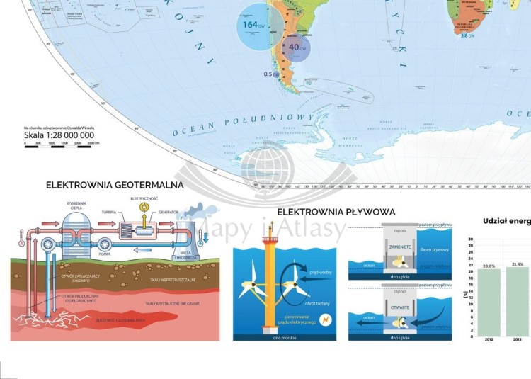 Świat 1:22 000 000. OZE - energie odnawialne na świecie. Mapa ścienna. Drewniane półwałki. Wydawnictwo Meridian. Fragment 1