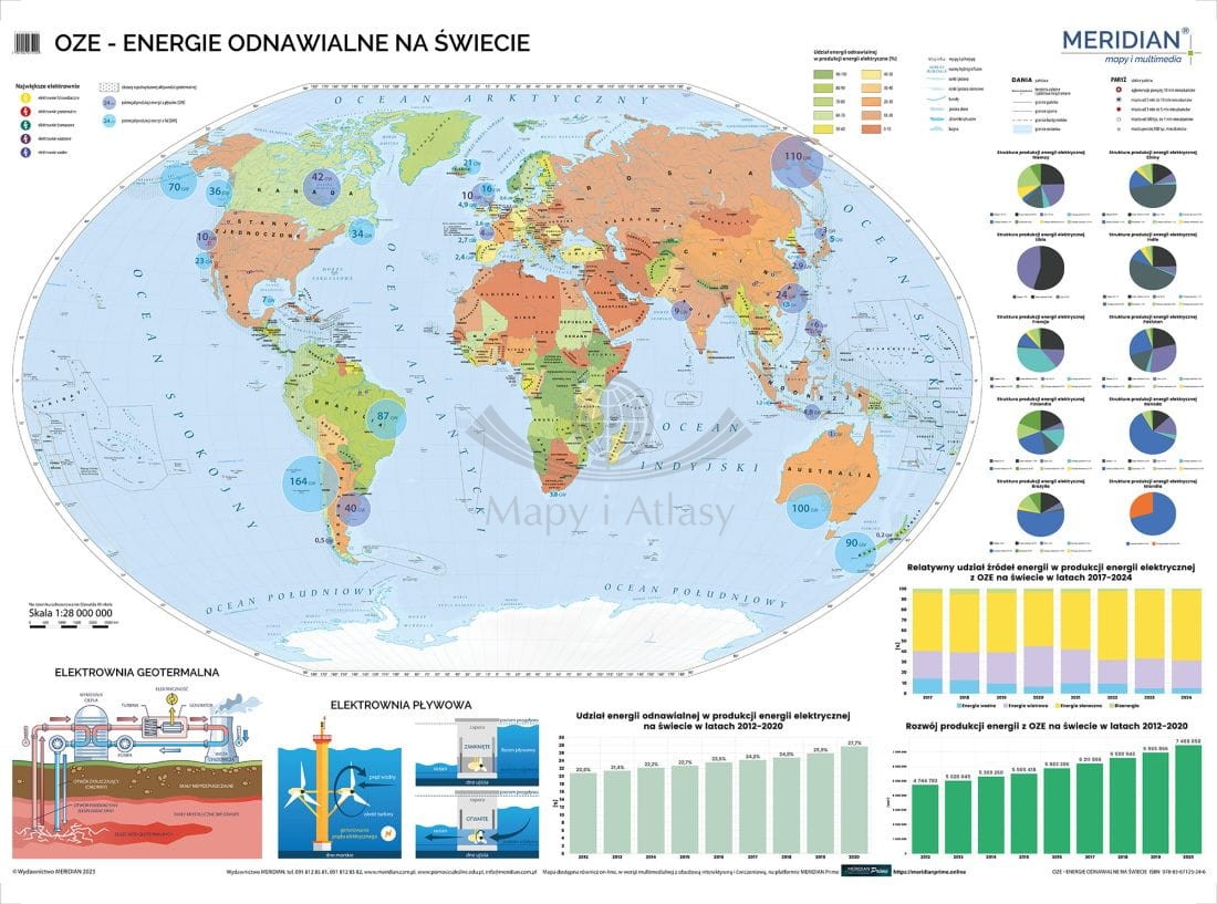 Świat 1:22 000 000. OZE - energie odnawialne na świecie. Mapa ścienna. Drewniane półwałki