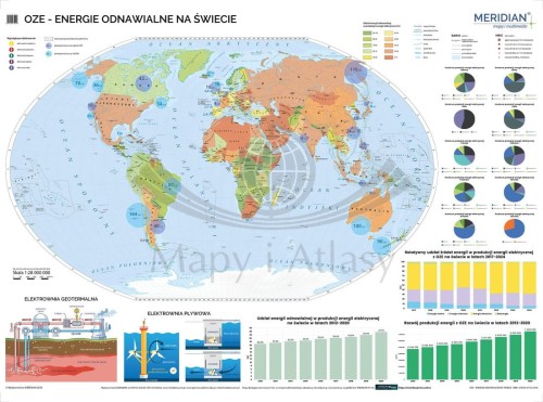 Świat 1:26 000 000. OZE - energie odnawialne na świecie. Mapa ścienna. Drewniane półwałki. Wydawnictwo Meridian