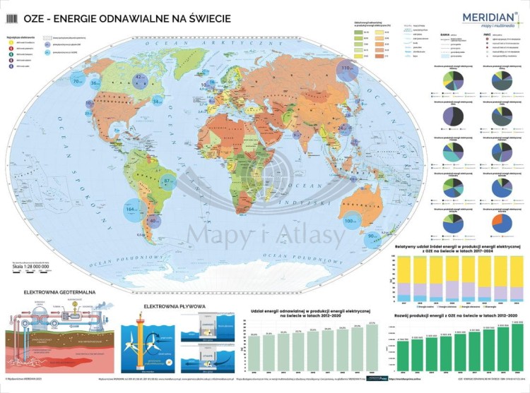 Świat 1:26 000 000. OZE - energie odnawialne na świecie. Mapa ścienna. Drewniane półwałki. Wydawnictwo Meridian