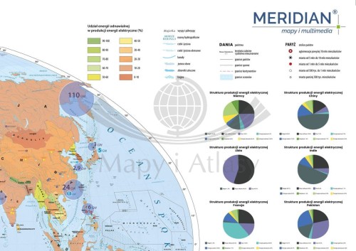 Świat 1:26 000 000. OZE - energie odnawialne na świecie. Mapa ścienna. Drewniane półwałki. Wydawnictwo Meridian. Fragment 1