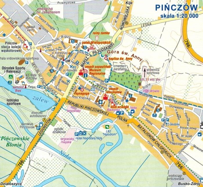 Ponidzie 1: 75 000. Szlak kajakowy Nidy. Mapa turystyczna wydawnictwa Compass. Przykładowy plan miasta