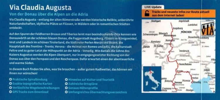 Via Claudia Augusta: od Dunaju przez Alpy po Adriatyk. Wodoodporny atlas rowerowy wydawnictwa Verlag Esterbauer. Okładka - tył