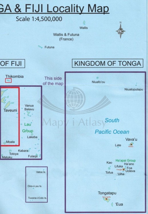 Fidżi (Fiji), Tonga. Mapa samochodowa wydawnictwa ITMB.  Zasięg 2