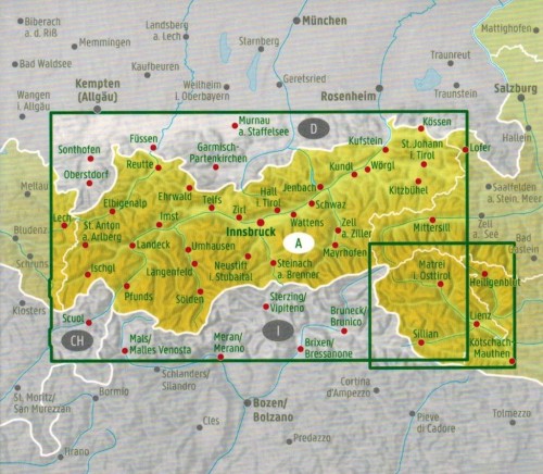 Tyrol 1:150 000. Mapa samochodowo-turystyczna /77/ wydawnictwa Freytag & Berndt. Zasięg