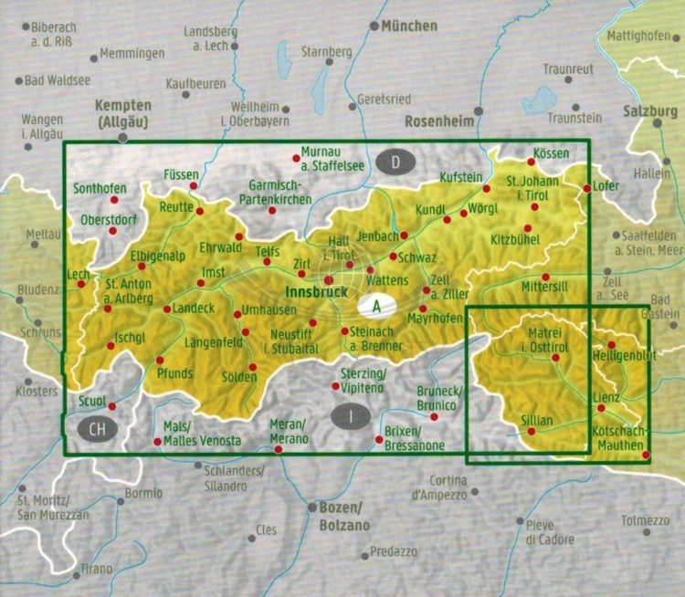Tyrol 1:150 000. Mapa samochodowo-turystyczna /77/ wydawnictwa Freytag & Berndt. Zasięg