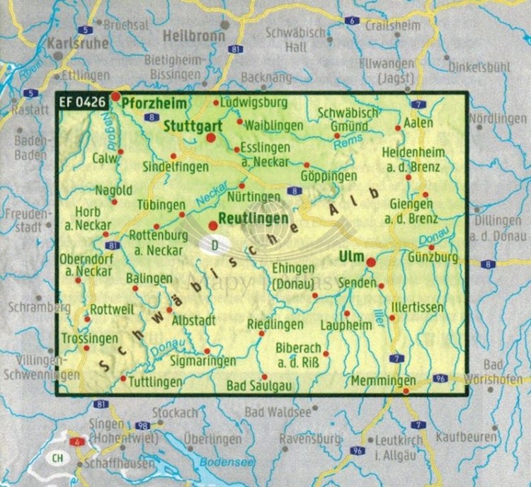 Schwabische Alb / Jura Szwabska. Wodoodporna mapa turystyczna EF 0426 wydawnictwa Freytag & Berndt. Zasięg