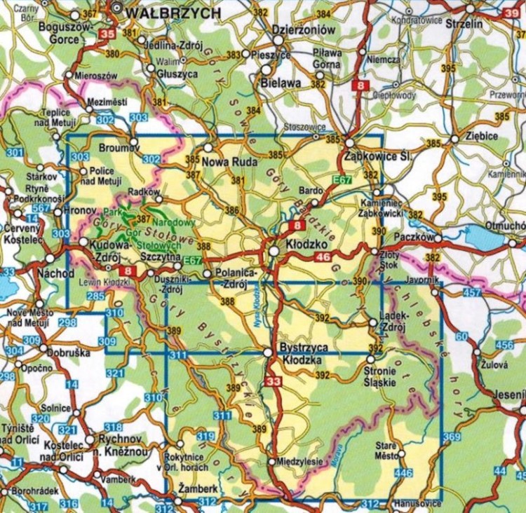 Ziemia Kłodzka 1:50 000. Laminowana mapa turystyczna wydawnictwa Compass. Zasięg