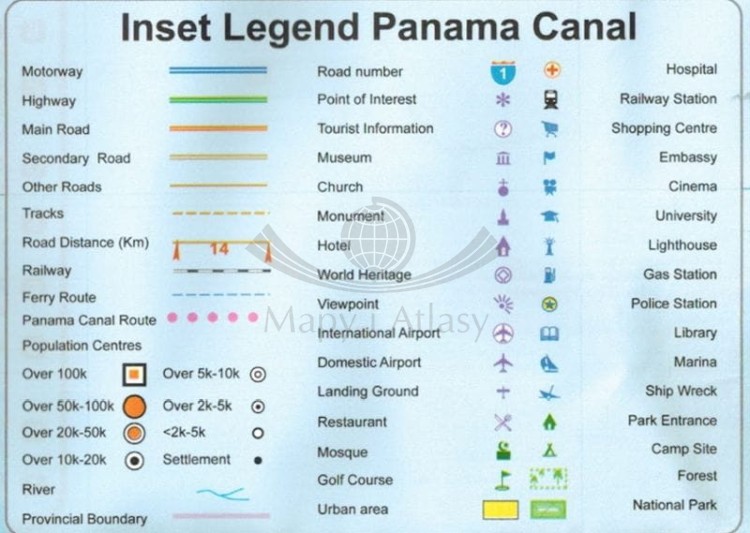 Panama 1:400 000. Wodoodporna mapa samochodowo-turystyczna wydawnictwa ITMB. Legenda