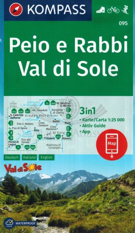 Peio e Rabbi, Val di Sole. Wodoodporna mapa turystyczna 095 wydawnictwa Kompass. Okładka