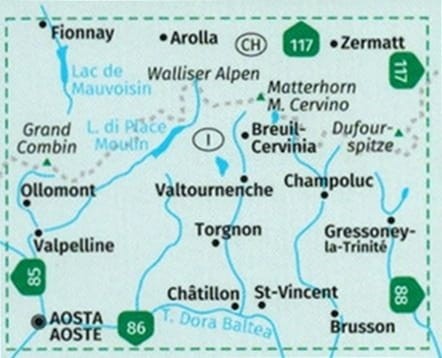 Alpy Pennińskie (Walijskie). Breuil-Cervinia, Zermatt, Matterhorn. Wodoodporna mapa turystyczna 87 wydawnictwa Kompass. Zasięg