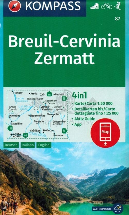 Alpy Pennińskie (Walijskie). Breuil-Cervinia, Zermatt, Matterhorn. Wodoodporna mapa turystyczna 87. Kompass