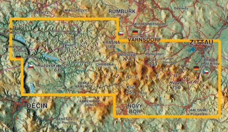Góry Łużyckie, NP Czeska Szwajcaria / Luzicke Hory, NP Ceske Svycarsko 1:25 000. Mapa turystyczna wydawnictwa Kartografie HP. Zasięg