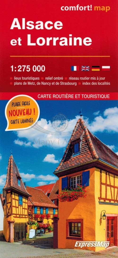 Alzacja i Lotaryngia 1:275 000. Laminowana mapa samochodowo-turystyczna. ExpressMap