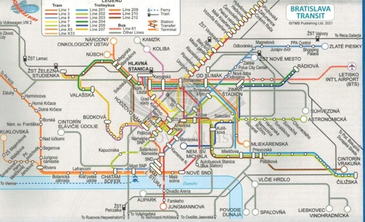 Słowacja i Bratysława. Wodoodporna mapa samochodowo-kolejowa wydawnictwa ITMB. Schemat kolei