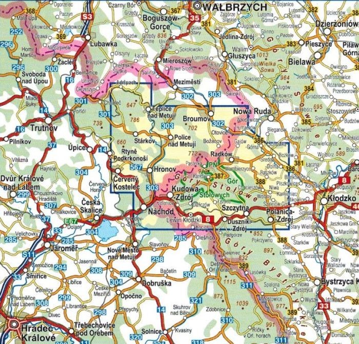 Góry Stołowe, Adrszpasko Teplickie Skały, Broumovske Steny. Mapa turystyczna wydawnictwa Compass. Zasięg
