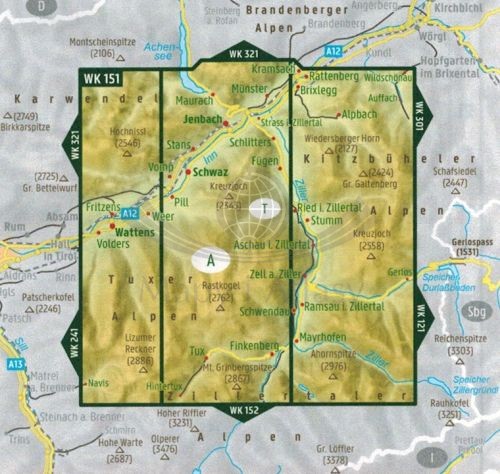 Zillertal, Tuxer Alpen, Jenbach, Schwaz. Wodoodporna Mapa turystyczna WK 151 wydawnictwa Freytag & Berndt. Zasięg