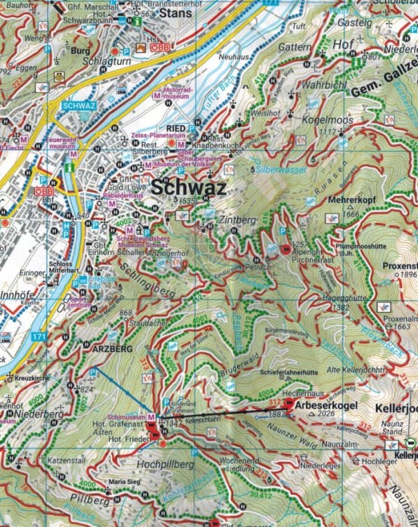 Zillertal, Tuxer Alpen, Jenbach, Schwaz. Wodoodporna Mapa turystyczna WK 151 wydawnictwa Freytag & Berndt. Fragment 1