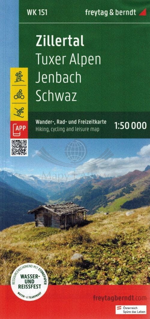 Zillertal, Tuxer Alpen, Jenbach, Schwaz. Wodoodporna Mapa turystyczna WK 151. Freytag & Berndt