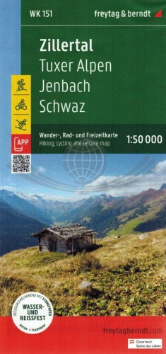 Zillertal, Tuxer Alpen, Jenbach, Schwaz. Wodoodporna Mapa turystyczna WK 151 wydawnictwa Freytag & Berndt. Okładka