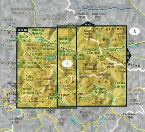 Pustertal Dolomiten, Sextener Dolomiten, Cortina d'Ampezzo. Wodoodporna mapa turystyczna WKI 10 wydawnictwa Freytag & Berndt. Zasięg
