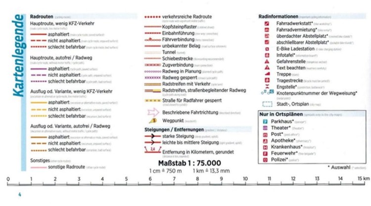 Trasa Odra-Nysa: od źródeł Nysy do Morza Bałtyckiego. Atlas rowerowy wydawnictwa Verlag Esterbauer. Legenda 1