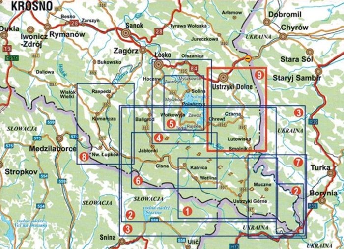 Bieszczady - Ustrzyki Dolne, Holica, Lutowiska 1:25 000. Mapa turystyczna wydawnictwa Galileos. Zasięg
