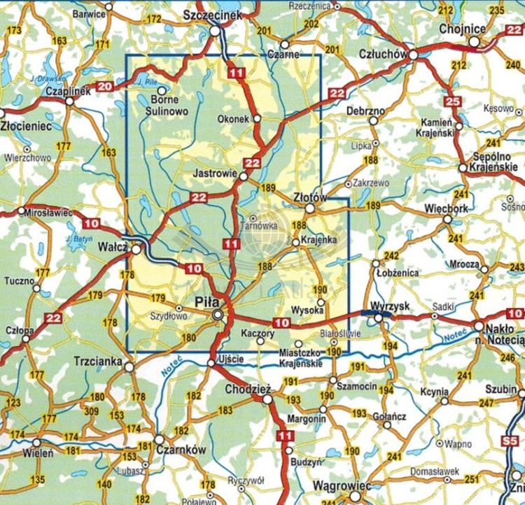 Lasy Pilskie 1:50 000. Złotów, Borne Sulinowo, Wałcz, Piła. Mapa turystyczna wydawnictwa Compass. Zasięg