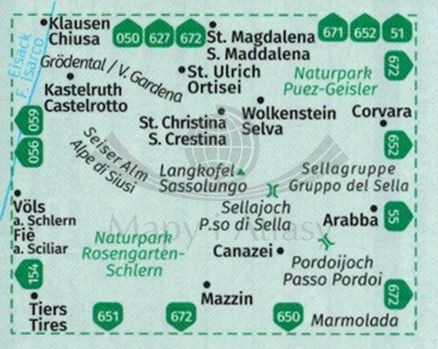 Groden / Val Gardena, Sella, Canazei. Wodoodporna mapa turystyczna 616 wydawnictwa Kompass. Zasięg