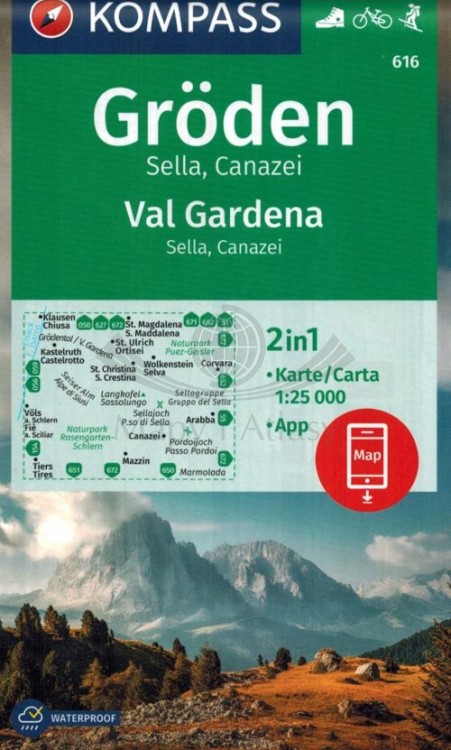 Groden / Val Gardena, Sella, Canazei. Wodoodporna mapa turystyczna 616 wydawnictwa Kompass. Okładka