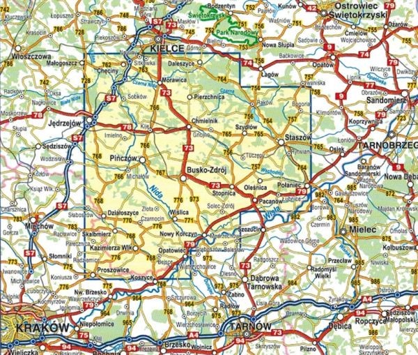 Ponidzie 1:75 000. Szlak kajakowy Nidy. Laminowana mapa turystyczna wydawnictwa Compass. Zasięg