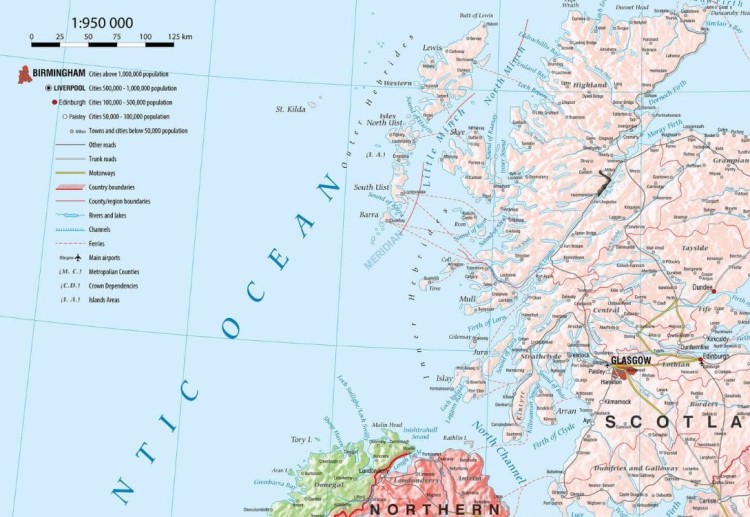 Wielka Brytania i Irlandia 1:950 000. Mapa ścienna polityczna. Drewniane półwałki wydawnictwa Meridian. Fragment 2