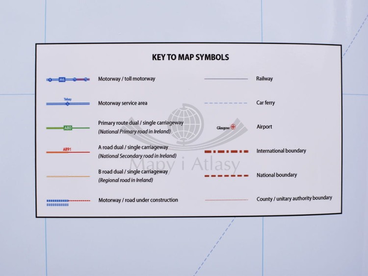 Wyspy Brytyjskie / Wielka Brytania i Irlandia. Mapa ścienna administracyjno-drogowa wydawnictwa Global Mapping. Legenda
