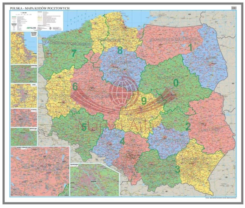 Polska 1:500 000. Mapa administracyjna. Kody pocztowe. Wersja do wpinania