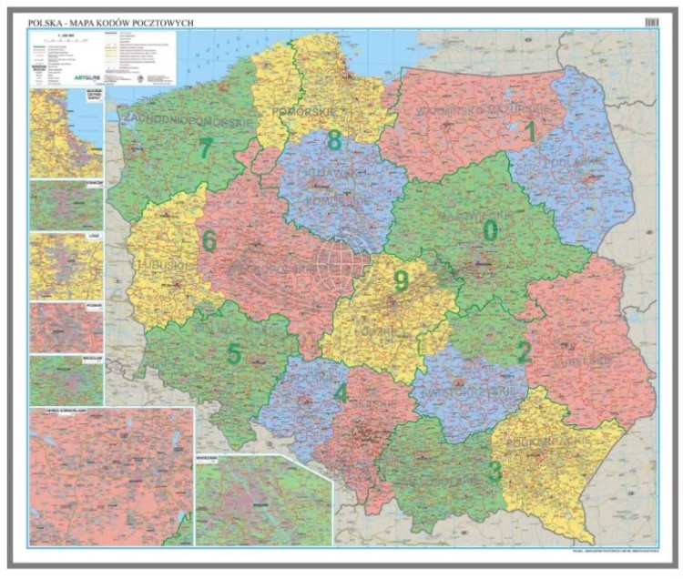 Polska 1:500 000. Mapa administracyjna. Kody pocztowe. Wersja do wpinania wydawnictwa ArtGlob.