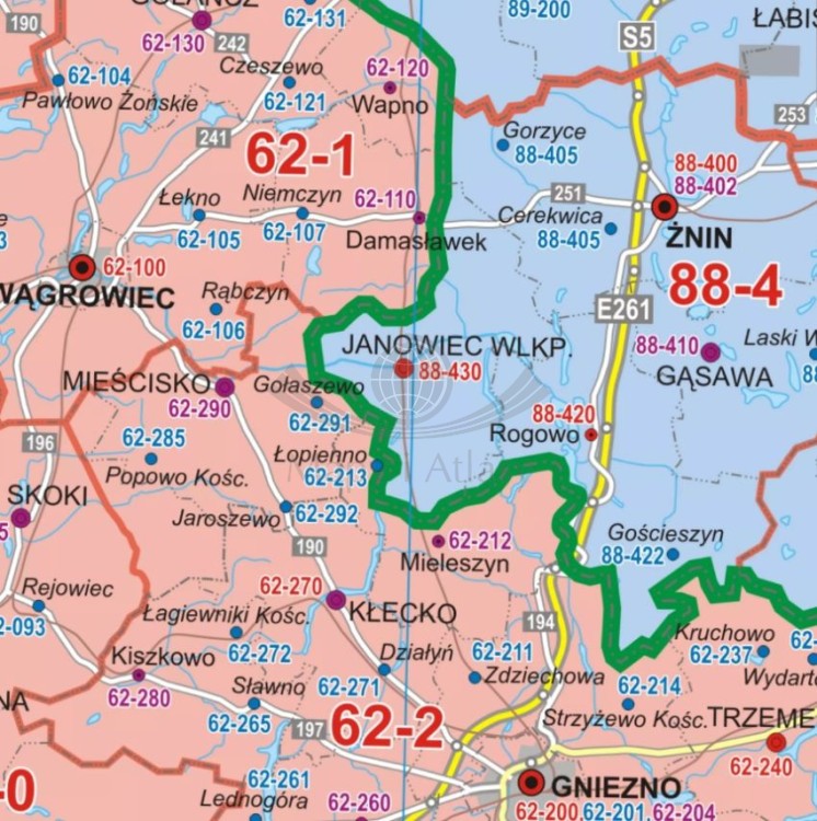 Polska 1:500 000. Mapa administracyjna. Kody pocztowe. Wersja magnetyczna wydawnictwa ArtGlob. Fragment 2