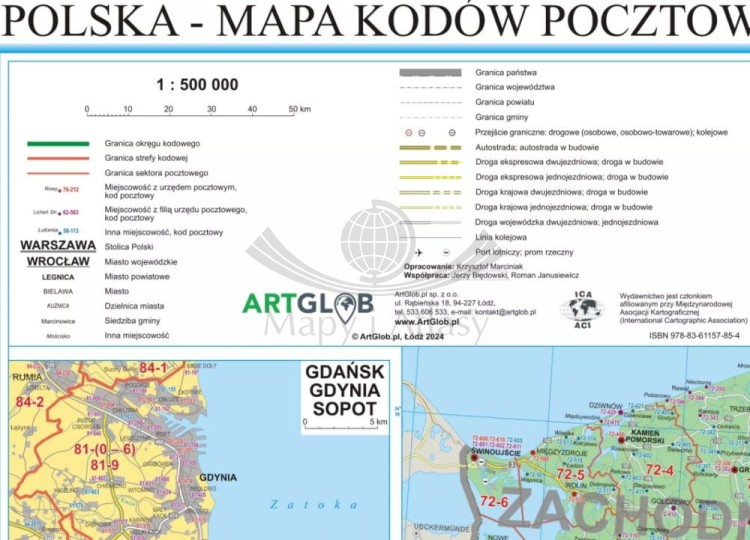 Polska 1:500 000. Mapa administracyjna. Kody pocztowe. Wersja magnetyczna wydawnictwa ArtGlob. Legenda