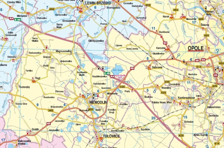 Województwo opolskie 1:115 000. Mapa ścienna administracyjno-drogowa. Fragment