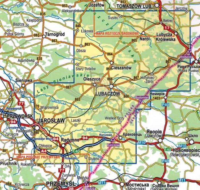 Roztocze Wschodnie 1:50 000. Ziemia Lubaczowska, okolice Jarosławia. Laminowana mapa turystyczna wydawnictwa Compass. Zasięg