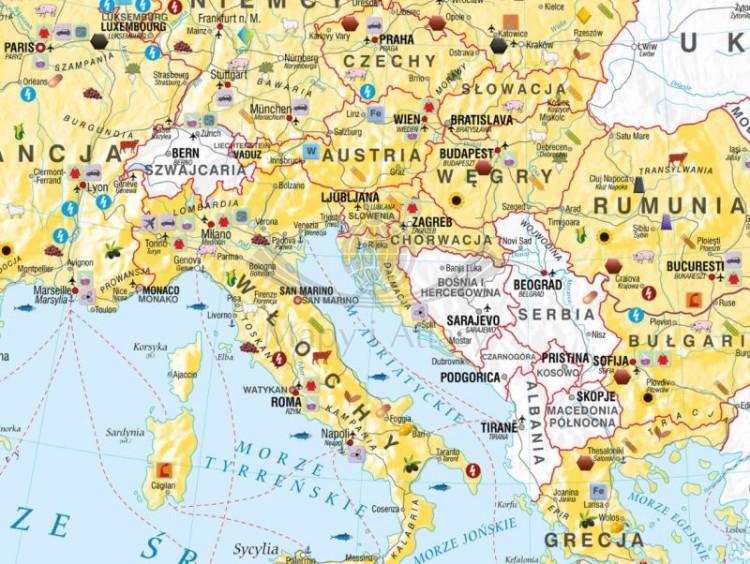 Unia Europejska 1:4 000 000. Mapa ścienna gospodarcza UE. Drewniane półwałki wydawnictwa Meridian. Fragment 1