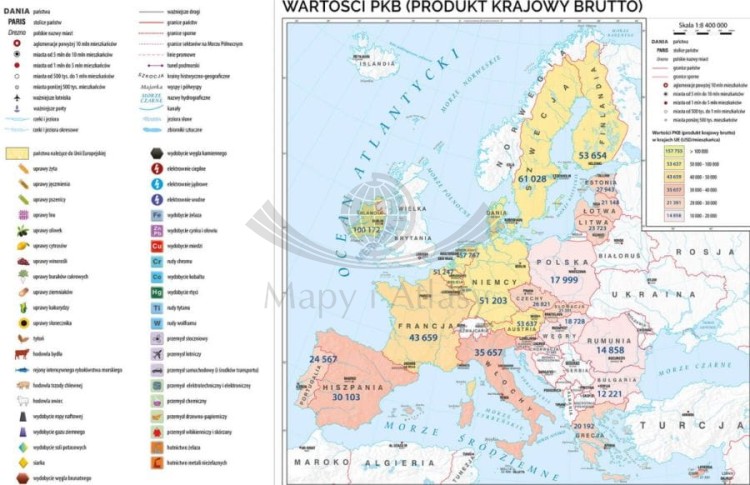 Unia Europejska 1:4 000 000. Mapa ścienna gospodarcza UE. Drewniane półwałki wydawnictwa Meridian. Fragment 2