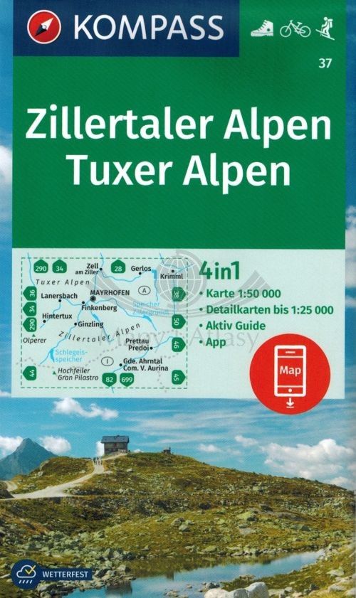 Zillertaler Alpen, Tuxer Alpen / Alpy Zillertalskie. Wodoodporna mapa turystyczna 37. Kompass