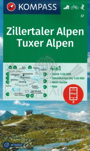 Zillertaler Alpen, Tuxer Alpen / Alpy Zillertalskie. Wodoodporna mapa turystyczna 37 wydawnictwa Kompass. Okładka