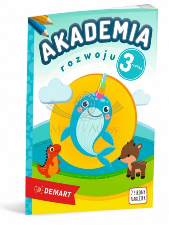 Akademia rozwoju 3-latka. Kolorowanka, łamigłówka + naklejki. Książeczka dla dzieci wydawnictwa Demart. Okładka