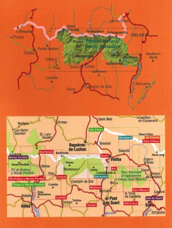 Park Narodowy Posets Maladeta 1:25 000. Zestaw dwóch map samochodowo-turystycznych wydawnictwa Editorial Alpina. Zasięg zestawu