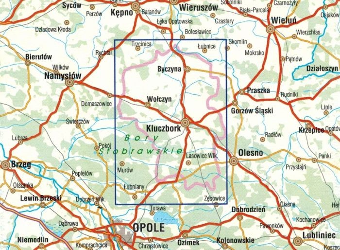 Powiat kluczborski dla aktywnych. Byczyna, Wołczyn, Kluczbok. Mapa turystyczna wydawnictwa Galileos.  Zasięg