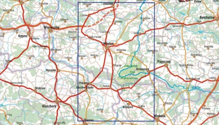 Wyżyna Wieluńska. Załęczański Park Krajobrazowy. Mapa turystyczna / Plan miasta wydawnictwa Galileos. Zasięg