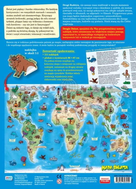 Mapa świata. Składany plakat z naklejkami wydawnictwa Jako. Tył okładki