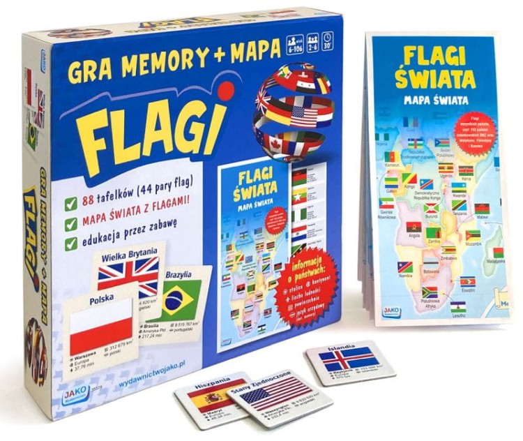 Memory. Flagi państw świata + mapa. Gra edukacyjna wydawnictwa Jako